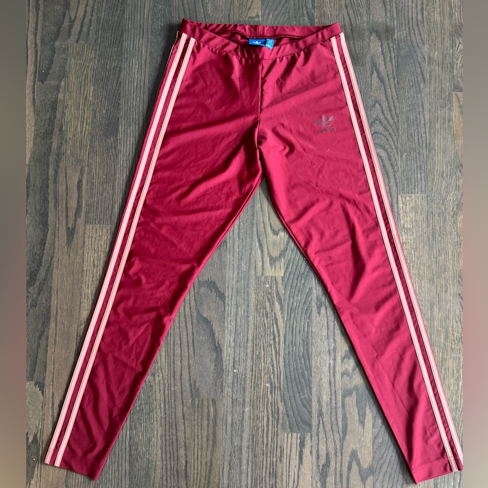 adidas Women's Burgundy Leggings with Pink Stripes